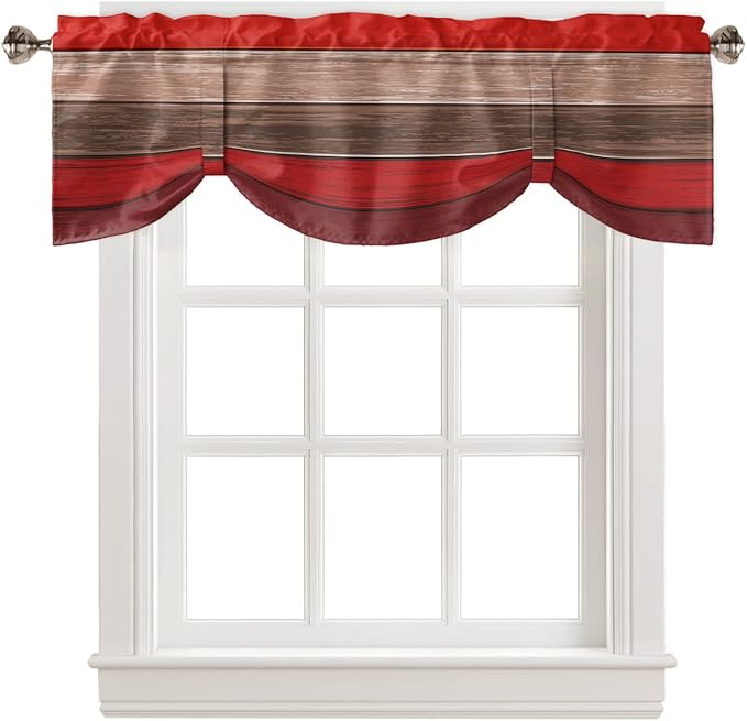 Farmhouse Blackout Tie Up Valance Curtains for Kitchen Windows, Christmas Red Brown Window Toppers Balloon Shades for Living Room/Bathroom/Bedroom,1 Panel,42" X 12" Retro Rustic Barn Wood Texture