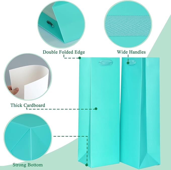 KEYYOOMY Wine Gift Bags - 10 Pack Teal Blue Kraft Paper Wine Bottle Gift Bags with Handles for Wedding Birthday Housewarming Christmas Party Supplies(10CT,13.8x4.3x3.5 IN,Teal Blue)