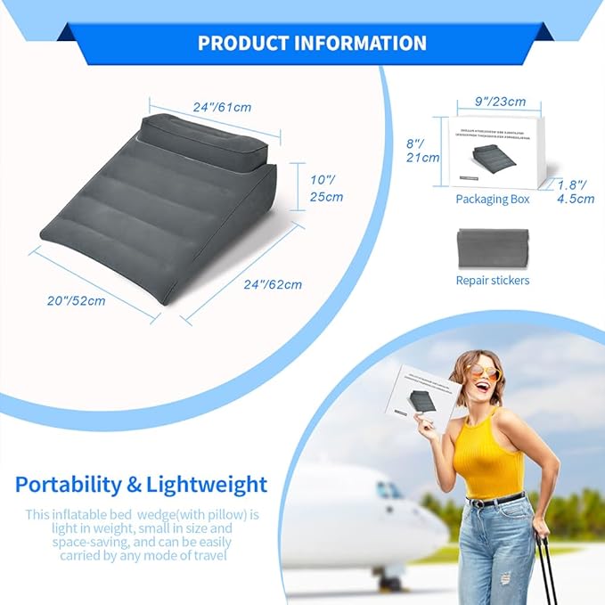 Nevife Inflatable Triangle Bed Wedge Pillow-Fast Inflating/Deflation Valve-Portable Travel Leg Elevation,Adjustable Incline Pillow for Back Support,Sleeping, Acid Reflux,Snuoring,Footrest