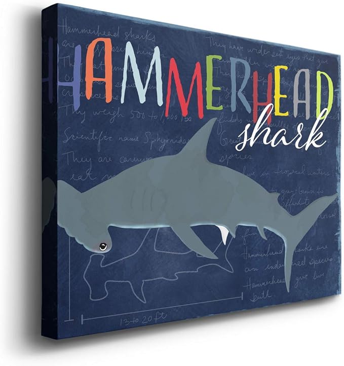 Renditions Gallery Canvas Animal Wall Art Modern Decorations Paintings Colorful Playful Hammerhead Shark Abstract Vibrant Lifestyle Artwork Prints for Kids Bedroom Nursery - 24"x36" LT33