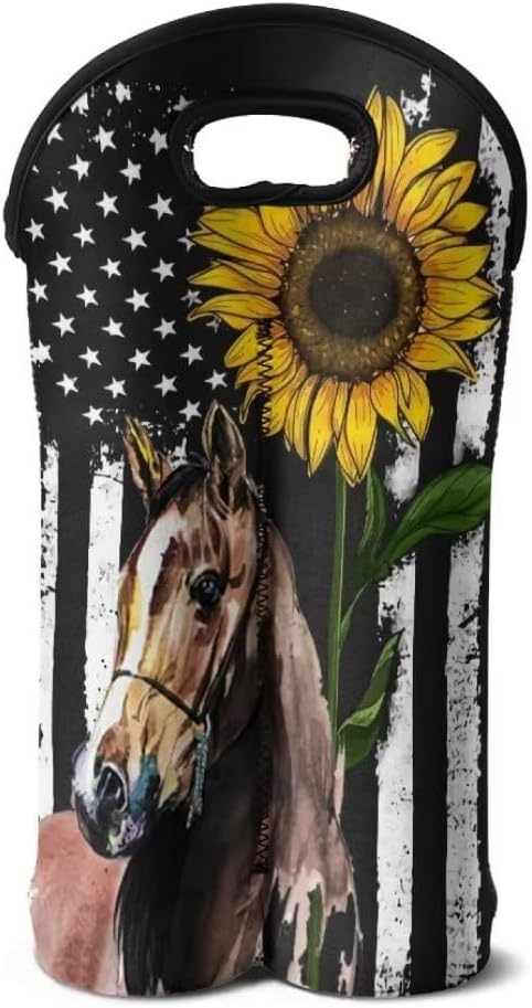 doginthehole Horse Wine Bag Double Wine Carry Bag Reusable Neoprene Wine Tote Insulated Bag American Flag Sunflower Print Wine Accessories Gift for Women Champagne Carrier Bag