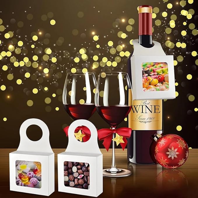 Dudnbt 30 PCS Kraft Paper Wine Bottle Box with Window 3.5 x 3.5 x 1.2 Inches for Gifts Empty Wine Bottles for Decoration Bottle Hanger Favor Box for holding Candy Truffles Chocolate Cookies (White)