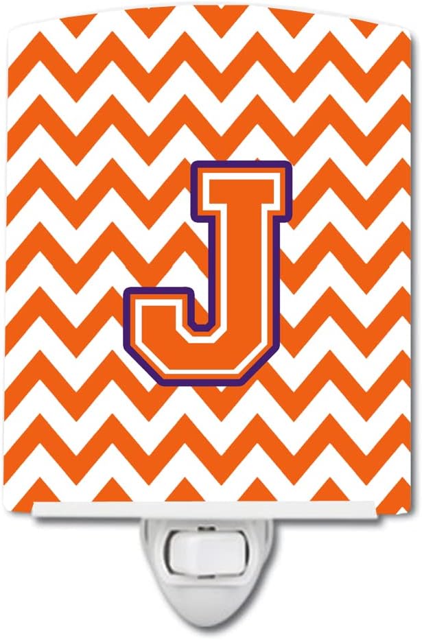 Caroline's Treasures CJ1062-JCNL Letter J Chevron Orange and Regalia Ceramic Night Light Compact, UL-Certified, Ideal for Bedroom, Bathroom, Nursery, Hallway, Kitchen, 6x4x3, Multicolor