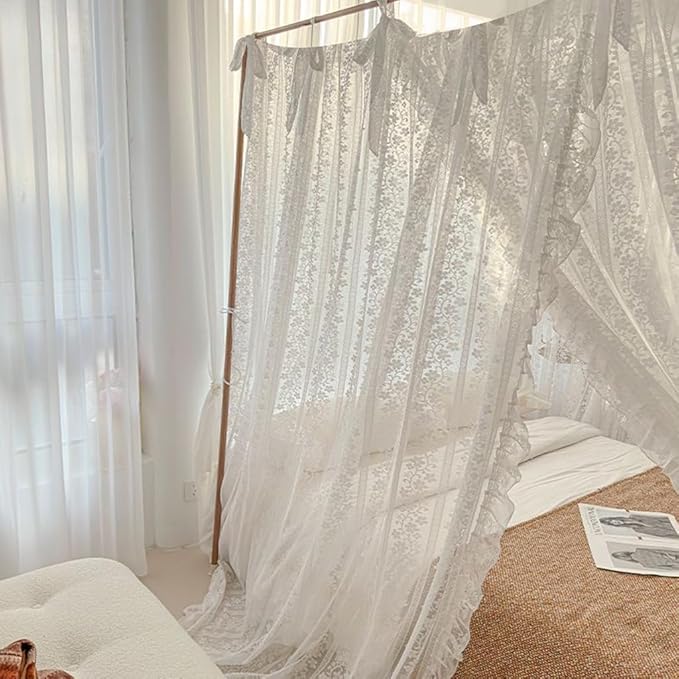 Elegant Princess 4 Corner Post Mosquito Net Romantic for Girls Women Bed Curtain Canopy for Adult Wedding Bedroom Kids Rooms Decoration (Type2-White-Flower, King)