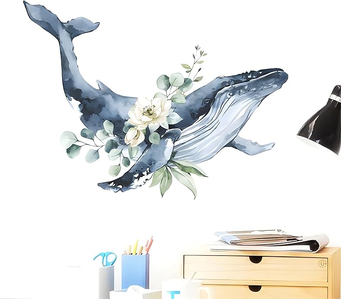 Cute Wreath Humpback Whale Wall Stickers, sacinora Cartoon Sea Animal Wall Decals Removable Vinyl Peel and Stick for Kids Baby Nursery Living Room Bedroom Children's Room Bathroom Art Decorations