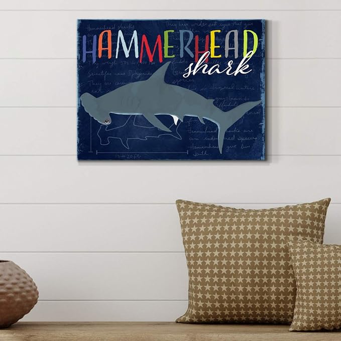 Renditions Gallery Canvas Animal Wall Art Modern Decorations Paintings Colorful Playful Hammerhead Shark Abstract Vibrant Lifestyle Artwork Prints for Kids Bedroom Nursery - 8"x12" LT33