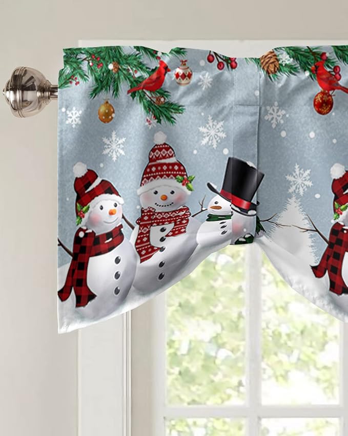 Christmas Blackout Tie Up Valance Curtains for Kitchen Windows Snowman Cardinal Window Toppers Balloon Shades for Living Room/Bathroom/Bedroom,1 Panel,54" X 18" Bluish Grey Winter Holiday