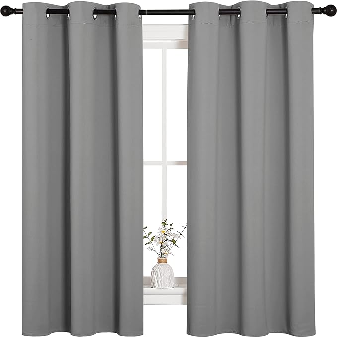 NICETOWN Silver Grey Thermal Insulated Grommet Blackout Curtains, Kids Window Drape Panel for Nursery, Privacy Short Curtains (2 Panels, W42 x L63 -Inch)