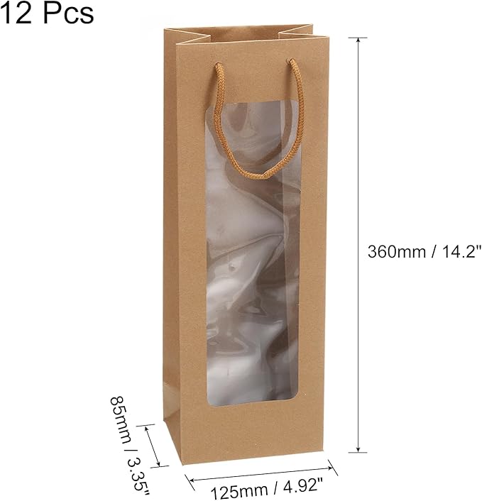 uxcell Wine Bags, 12pcs 4.92"x3.35"x14.2" Wine Gift Bags with Rope Handles, Paper Wine Tote Bag with Clear Window for Wedding Birthday Christmas Party Supplies, Wood