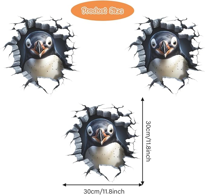 3 PCS Broken Penguin Wall Decals Break Through The Wall Penguin Wall Stickers Removable 3D Animal Wal Art Decor for Kids Room Playroom Nursery Bathroom