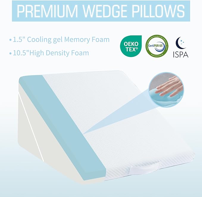 Bed Wedge Pillow for Sleeping, 9 & 12 Inch Adjustable Wedge Pillow for Back Pain Relief, 7-in-1 Cooling Memory Foam Triangle Pillow Wedge for After Surgery, Acid Reflux, Gerd, Snoring