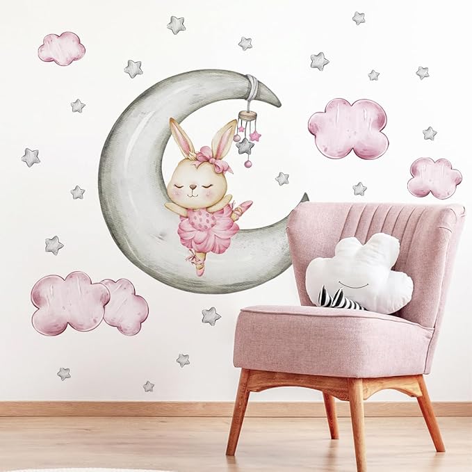 Adorable Rabbit Wall Decals - Moon & Stars Themed - 2 Sheets, 90x35.43cm Each - Easy Peel & Stick for Kids' Room Decor