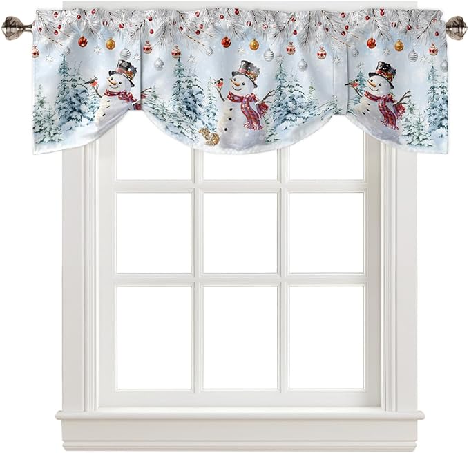 Snowman Blackout Tie Up Valance Curtains for Kitchen Windows Blue Merry Christmas Tree Red Balls Squirrel Window Toppers Balloon Shades for Living Room/Bathroom/Bedroom,1 Panel, 54" X 18", Winter