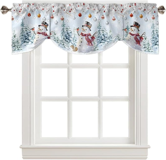Snowman Blackout Tie Up Valance Curtains for Kitchen Windows Blue Merry Christmas Tree Red Balls Squirrel Window Toppers Balloon Shades for Living Room/Bathroom/Bedroom,1 Panel, 42" X 18", Winter