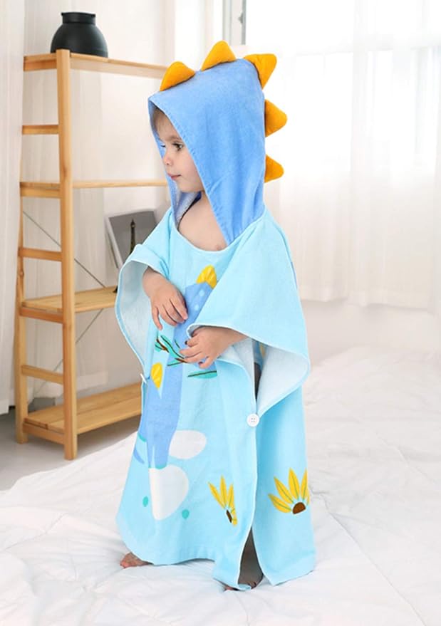 TONWHAR Kids Bath/Pool/Beach Hooded Poncho Towel-Cartoon Animal Pattern Cotton Beach Towel for Baby and Kids (New Dinosaur, 1-4 Years/Height:33.4"-43.3")