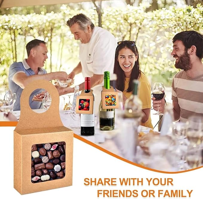 Dudnbt 30 PCS Kraft Paper Wine Bottle Box with Window 3.5 x 3.5 x 1.2 Inches for Gifts Empty Wine Bottles for Decoration Bottle Hanger Favor Box for holding Candy Truffles Chocolate Cookies (Cowhide)
