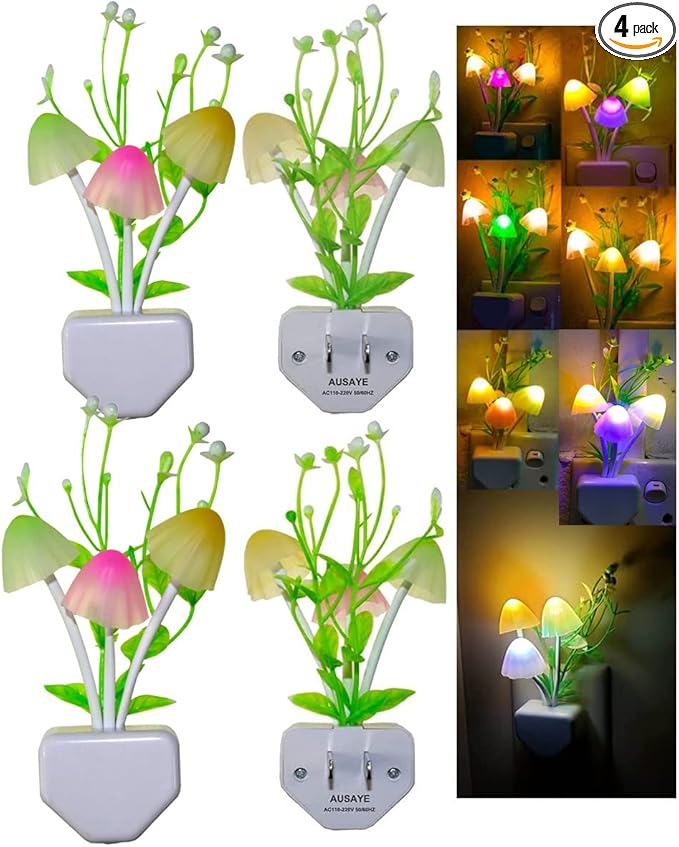 AUSAYE 4 Pack Plug in Night Light, Color Changing Mushroom Light LED Nightlights with Smart Dusk to Dawn Sensor for Kids, Adults, Bedroom, Bathroom,Hallway, Stairs, Kitchen