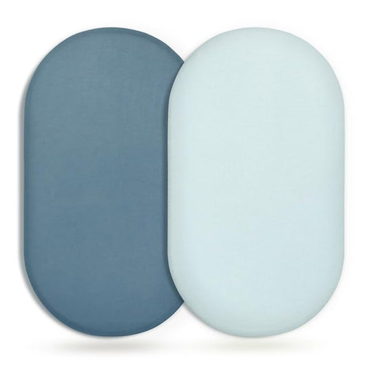 GRSSDER Stretchy Ultra Soft Fitted Bassinet Sheet 2 Pack, Universal Fit for Bassinets Baby Cradle Moses Basket Oval Rectangle Mattress Safe and Snug, Jersey Bassinet Sheets for Girls, Blue/Navy