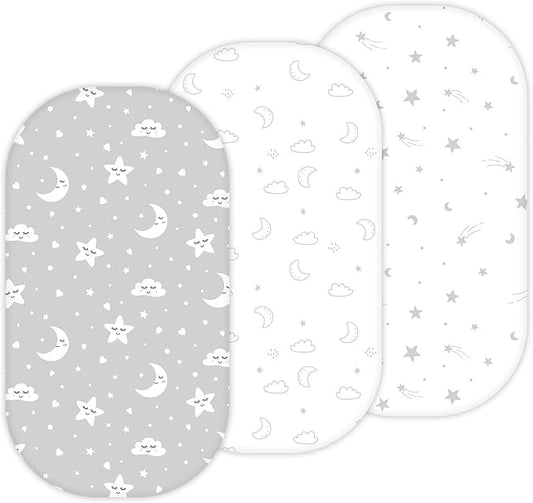 Bassinet Sheets for Dream On Me Karley, Plus, Lacy, Small Regalo Basics, Baby Delight Slumber, Snuggle Nest, Graco Carry Cot, 3 Pack, 16 x 32, Ultra Soft, Unisex Boys Girls, Gray (Moon, Stars, Clouds)