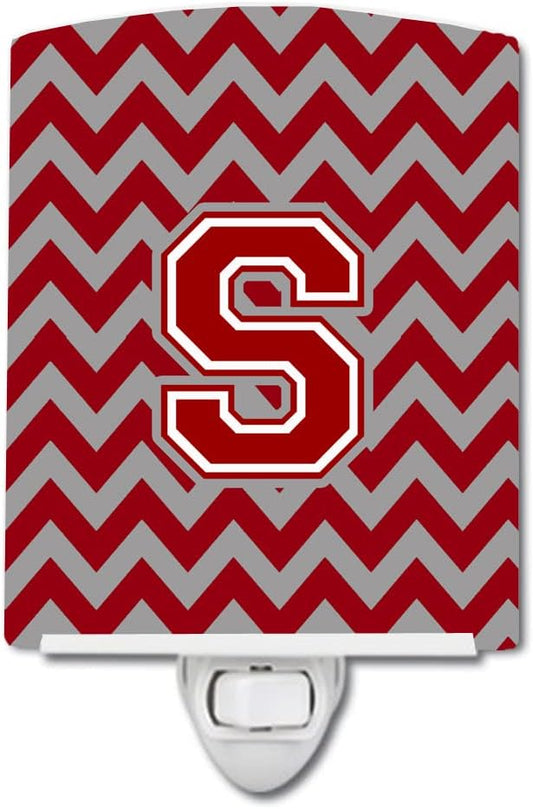 Caroline's Treasures CJ1049-SCNL Letter S Chevron Maroon and White Ceramic Night Light Compact, UL-Certified, Ideal for Bedroom, Bathroom, Nursery, Hallway, Kitchen, 6x4x3, Multicolor