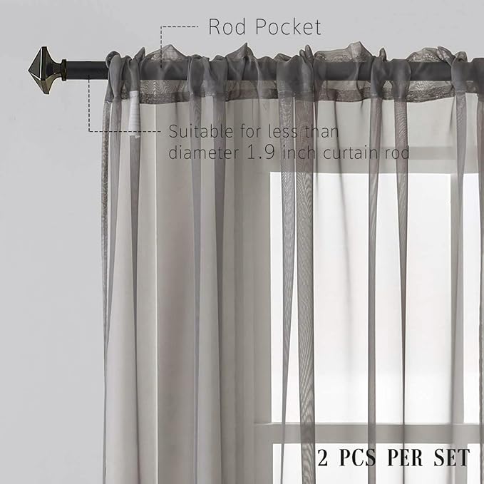 Grey Sheer Voile Curtains Translucent Solid Color Window Treatment 84 Inches Long Panels Rod Pocket Charcoal Grey Sheer Curtains for Bedroom Living Room 2 Panels 52x84 Gray