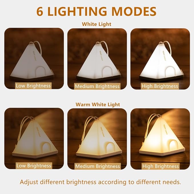 Portable Tent Night Light, with Lanyard for Easy Hanging, USB Rechargeable LED Desk Lamp with 6 Modes Adjustable, Camping Mini Nightlight, Bedroom Bedside Lamp with Timing Function