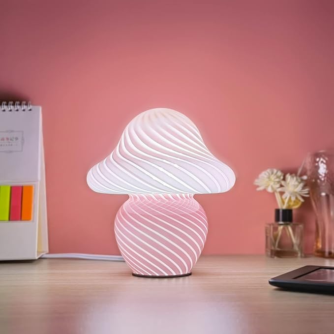 Mushroom Lamp, Small Pink Table Lamp with Striped Glass, Cute Little Swirl Nightstand Lamp for Bedroom, Bedside, Living Room, Gift for Girls Women Birthday Christmas Thanksgiving Day