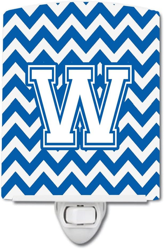Caroline's Treasures CJ1045-WCNL Letter W Chevron Blue and White Ceramic Night Light Compact, UL-Certified, Ideal for Bedroom, Bathroom, Nursery, Hallway, Kitchen, 6x4x3, Multicolor