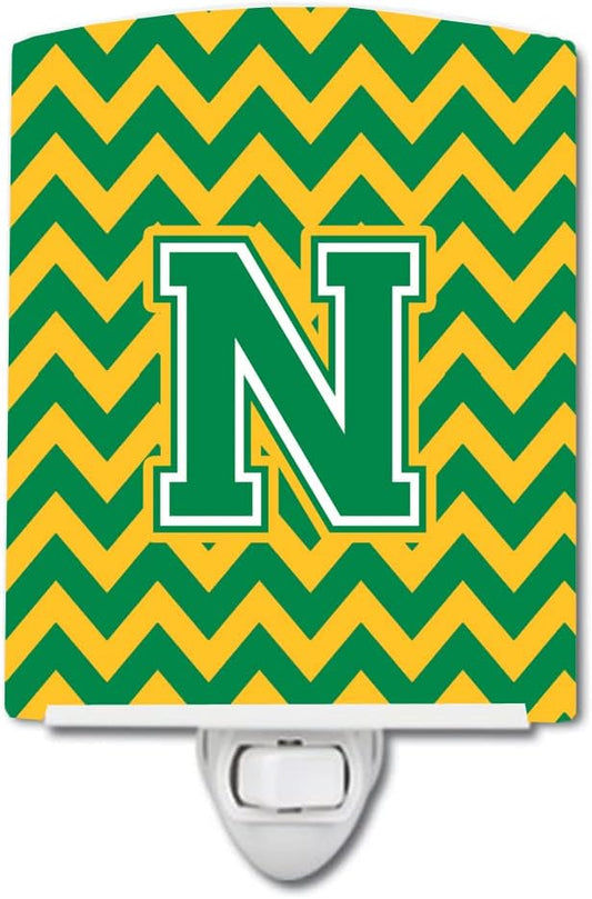 Caroline's Treasures CJ1059-NCNL Letter N Chevron Green and Gold Ceramic Night Light Compact, UL-Certified, Ideal for Bedroom, Bathroom, Nursery, Hallway, Kitchen, 6x4x3, Multicolor
