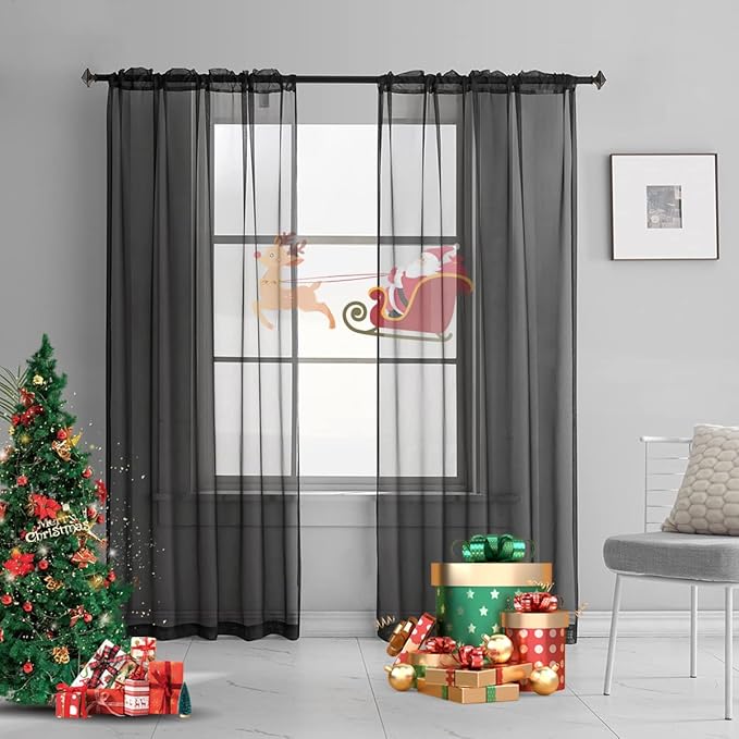 Black Sheer Curtains 84 Inches Long 2 Panels for Bedroom Living Room Rod Pocket Light Filtering Black Curtains Drapes 52x84