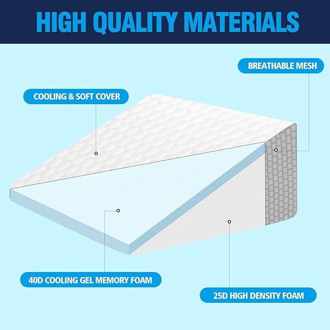 Cooling Wedge Pillow for Sleeping, 10" Elevated Support Bed Wedge Pillow,Cooling Memory Foam Top,Elevated Support Triangle Pillow for Acid Reflux & Snoring,with Air Layer Wedge Cover (Grey)