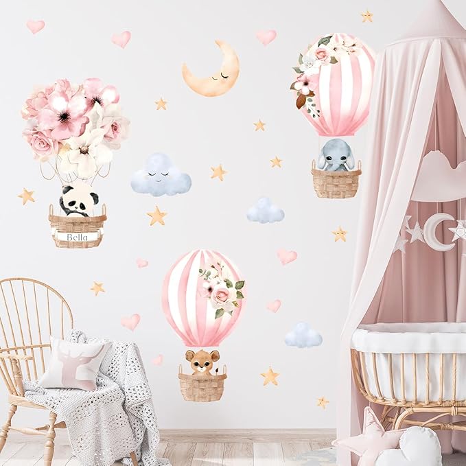 Cute Panda Elephant Hot Air Balloon Animals Wall Decals Star Moon Cloud Flower Balloon Nursery Wall Stickers Baby Girl Wall Decor
