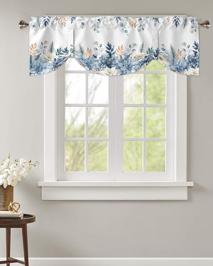 Blue Christmas Poinsettia Blackout Tie Up Valance Curtains for Kitchen Windows Winter Eucalyptus Leaves Window Toppers Balloon Shades for Living Room/Bathroom/Bedroom,1 Panel, 60" X 18",