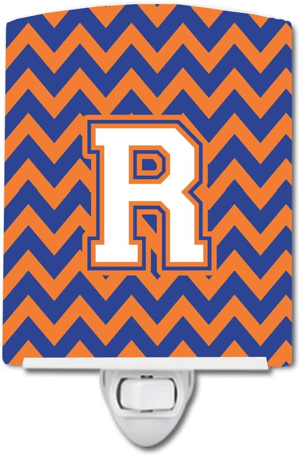 Caroline's Treasures CJ1060-RCNL Letter R Chevron Blue and Orange #3 Ceramic Night Light Compact, UL-Certified, Ideal for Bedroom, Bathroom, Nursery, Hallway, Kitchen, 6x4x3, Multicolor