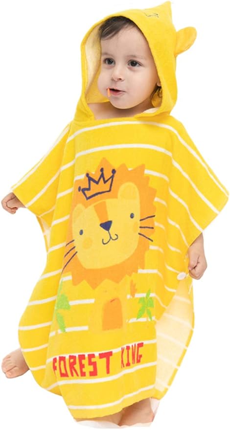 TONWHAR Kids Bath/Pool/Beach Hooded Poncho Towel-Cartoon Animal Pattern Cotton Beach Towel for Baby and Kids (Lion, 1-4 Years/Height:33.4"-43.3")
