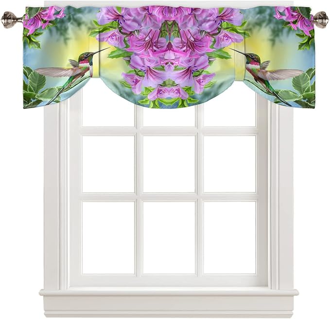 Pink Flowers Blackout Tie Up Valance Curtains for Kitchen Windows Hummingbird Window Toppers Balloon Shades for Living Room/Bathroom/Bedroom,1 Panel,54" X 18"