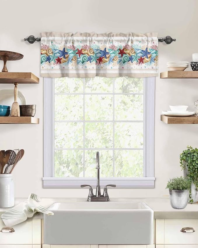 Coastal Beach Kitchen Curtains Valances for Windows Nautical Ocean Seashell Coral Starfish Rod Pocket Window Treatment for Kitchen /Living Room/Bedroom/ Bathroom, 60" X 18", Brown Aqua Summer