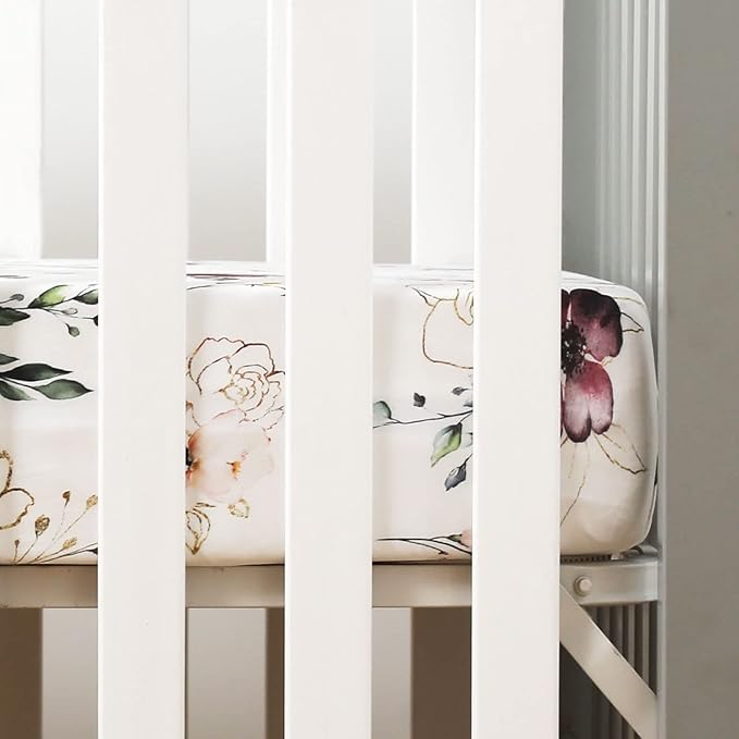 GRSSDER Stretchy Ultra Soft Jersey Knit Fitted Crib Sheets Set 2 Pack，Fits All Standard Crib Mattress Pads Safe and Snug, Pretty Purple Flora Botanical for Baby Girls