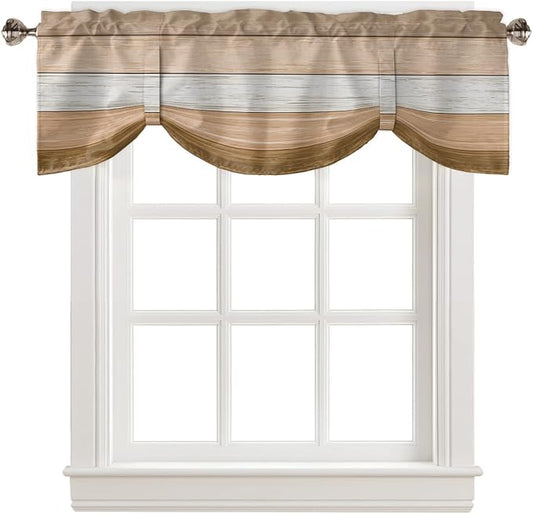 Farmhouse Summer Blackout Tie Up Valance Curtains for Kitchen Windows,Brown Beach Fall Window Toppers Balloon Shades for Living Room/Bathroom/Bedroom,1 Panel,54" X 18" Rustic Barn Wood Texture