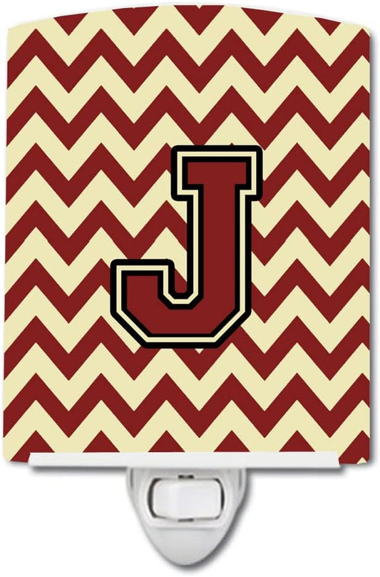 Caroline's Treasures CJ1061-JCNL Letter J Chevron Maroon and Gold Ceramic Night Light Compact, UL-Certified, Ideal for Bedroom, Bathroom, Nursery, Hallway, Kitchen, 6x4x3, Multicolor