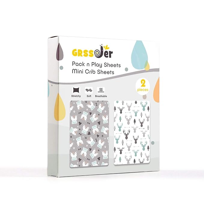 GRSSDER Stretchy Ultra Soft Jersey Knit Fitted Pack n Play Sheets 2 Pack, Playard Sheets for Baby Girls and Boys, Universal Fit for Pack N Plays Safe and Snug, Cute Bear and Deer
