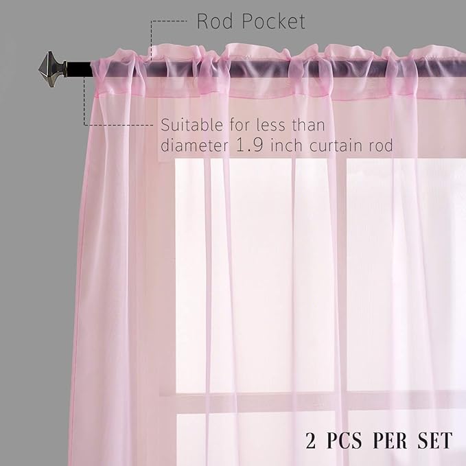 Baby Pink Sheer Curtains 95 Inches Long 2 Panels for Girls Room/Infant Room/Bedroom/Living Room/Cute Decoration Translucent Kawaii Window Treatment Rod Pocket Pink Curtains 52x95