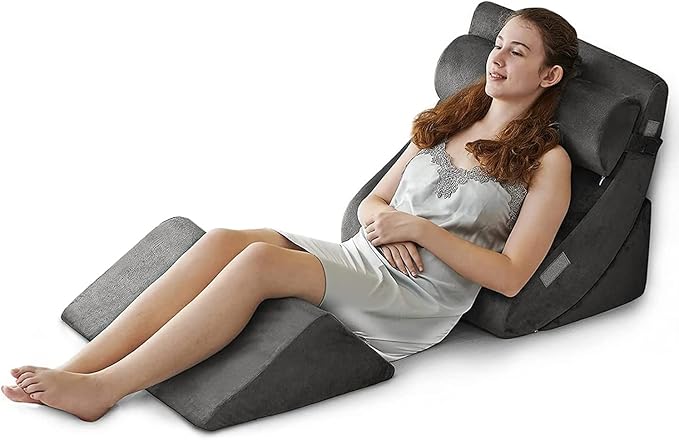 Ganaver 4Pcs Wedge Pillow for Sleeping, Orthopedic Bed Wedge Pillows for After Surgery, Foam Triangle Sit Up Pillow Wedge for Back, Neck, Shoulder Support, Leg Elevation, Acid Reflux, Snoring, Grey