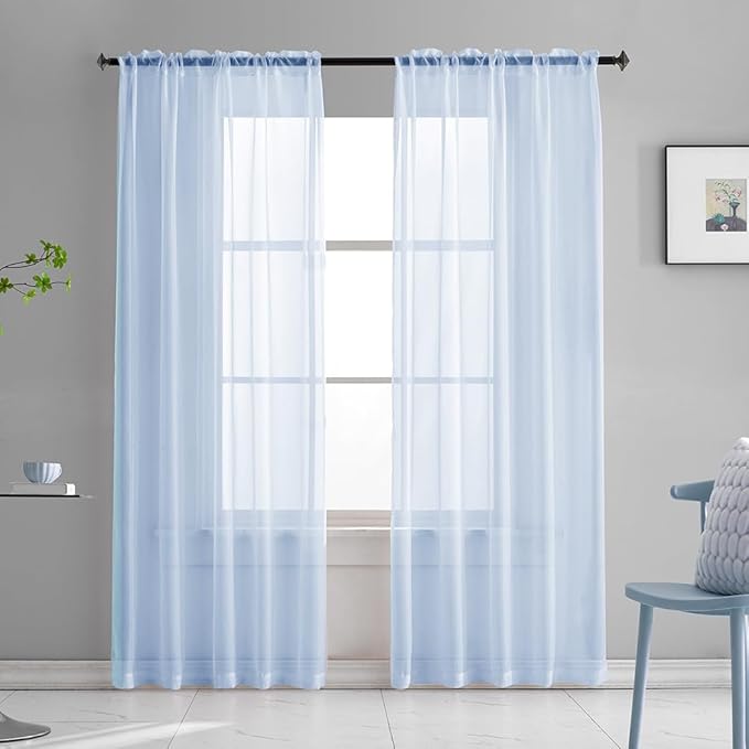 Sky Blue Sheer Curtains 95 Inches Long for Bedroom Rod Pocket Sheer Voile Curtains Panels Light Filtering Baby Blue Sheer Drapes for Windows/Living Room/Boys/Kids Room 52x95 2 Panels