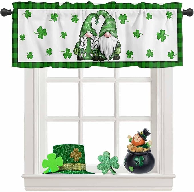 Gnome St. Patrick's Day Kitchen Curtains Valances for Windows Buffalo Plaid Shamrock Rod Pocket Window Treatment for Kitchen /Living Room/Bedroom/ Bathroom, 54" X 18", Seasonal Spring Holiday