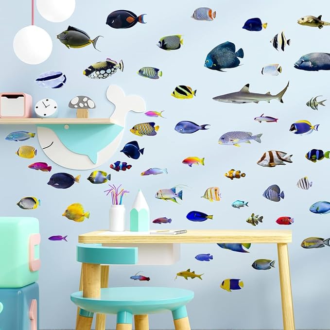 Undersea Fish Wall Decals for Kids Bedroom DIY Ocean Fish Wall Stickers for Bathroom Peel & Stick Removable Wall Decals for Kids Room Playroom Baby Nursery Furniture Decoration