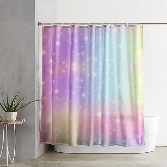 AILONEN Sparkling Stars Shower Curtain, Rainbow Shining Stars Cloth Bath Curtain Set for Girls Teens Kids Rainbow Lover,Fantasy Gradient Shower Curtain Liner,48" W*72" H