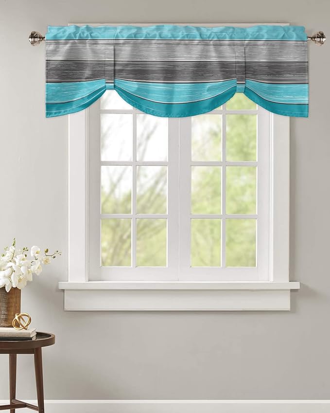 Farmhouse Blackout Tie Up Valance Curtains for Kitchen Windows, Aqua Blue Gray Window Toppers Balloon Shades for Living Room/Bathroom/Bedroom,1 Panel,60" X 18" Retro Rustic Barn Wood Texture