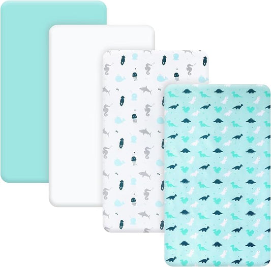 Bassinet Sheets 4 Pack Fit for Fodoss, Cloud Baby, RICUTON, Yacul, VaVaSoo Rocking, Simmons Kids Bassinet(not for Twins) and Graco Travel Lite, Ultra Soft Skin-Friendly, Aqua Dinosaurs & White Ocean