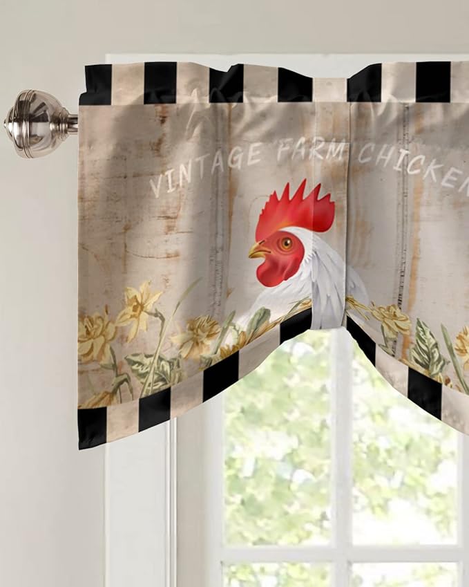 Farmhouse Blackout Tie Up Valance Curtains for Kitchen Windows Sunflower Vintage Farm Chicken Window Toppers Balloon Shades for Living Room/Bathroom/Bedroom,1 Panel,42" X 12" Black White Plaid